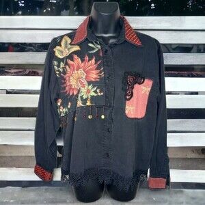 Rhea's Fun Fashion Lace Floral Embellished Canvas Shirt Jacket Shacket Boho Sz M
